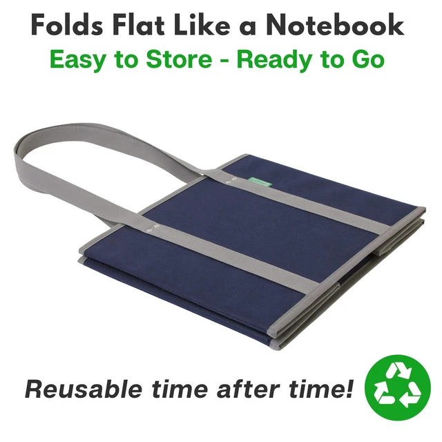 Alt view image 7 of 7 - (3 Pack) Heavy Duty Shopping Bags, Blue | Large box shaped totes stand up and stay open while loading, foldable for storage, long handles, hard flat bottom