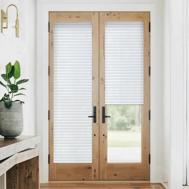 Alt view image 4 of 6 - 2 Panels 25 x 72 Inch Adhesive Blackout Sidelight Curtains Temporary Blinds for French Door Sidelight No Drill Blackout Curtains No Tools Cut to Size Fabric Privacy Blinds for French Doors