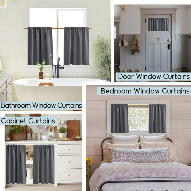Alt view image 6 of 7 - Cafe Curtains for Kitchen Window Over Sink,Heat Blocking Thermal Short Half Door Curtains for Door Window RV Bathroom,Sets 2 Panels,24 Inch Length,Grey