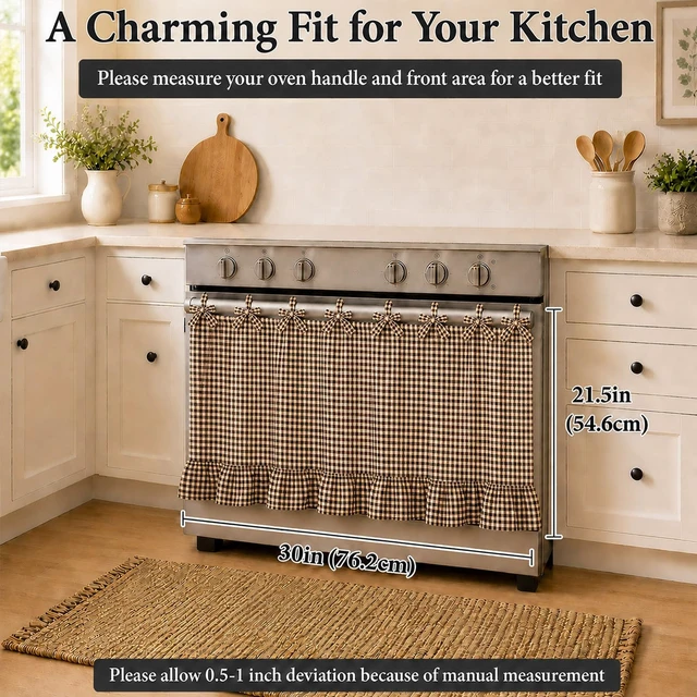 Alt view image 2 of 7 - Oven Skirt Curtain for Door Kitchen Dishwasher Hidden Curtain with Vintage Ruffled Lace Trim & Ribbon Ties, Heat-Resistant Cotton Blend, Farmhouse Kitchen Curtain for Dishwasher Hidden