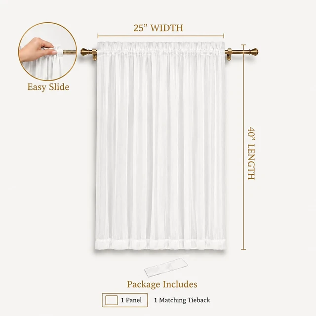 Alt view image 2 of 7 - Sheer French Door Curtain White - Rod Pocket Kitchen Door Window Curtains, Light Filtering Privacy Small Half Glass Window Drapes with Tieback - 1 Panel, 25W x 40L