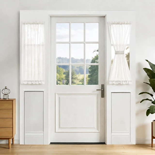 Main image of Sheer French Door Curtain White - Rod Pocket Kitchen Door Window Curtains, Light Filtering Privacy Small Half Glass Window Drapes with Tieback - 1 Panel, 25W x 40L