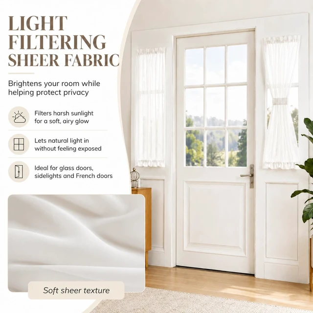 Alt view image 3 of 7 - Sheer French Door Curtain White - Rod Pocket Kitchen Door Window Curtains, Light Filtering Privacy Small Half Glass Window Drapes with Tieback - 1 Panel, 25W x 40L