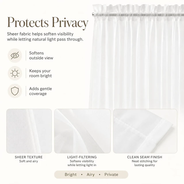 Alt view image 4 of 7 - Sheer French Door Curtain White - Rod Pocket Kitchen Door Window Curtains, Light Filtering Privacy Small Half Glass Window Drapes with Tieback - 1 Panel, 25W x 40L