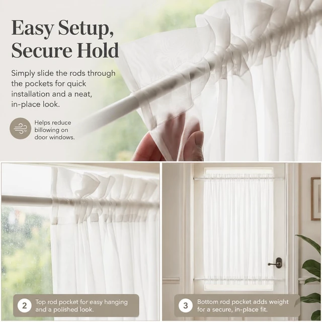 Alt view image 5 of 7 - Sheer French Door Curtain White - Rod Pocket Kitchen Door Window Curtains, Light Filtering Privacy Small Half Glass Window Drapes with Tieback - 1 Panel, 25W x 40L