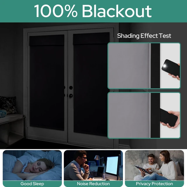 Alt view image 2 of 7 - 100% Blackout Door Curtains for French Door 26x40 Inch | Light Grey, 100% Blackout, Thermal Insulated, No Drilling, UV Protection, Door Window Curtain, with Adhesive Tape