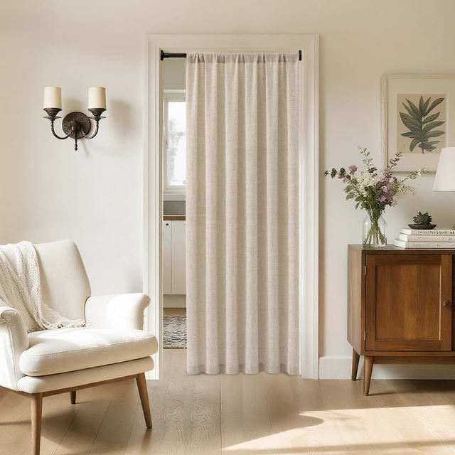 Alt view image 3 of 6 - Small Linen Door Curtains Doorway Semi Sheer Curtain Room Divider Light Filtering Drape Dual Rod Pocket Boho Window Curtains for Closet, 25 x 40 inches Long, Natural, 1 Panel