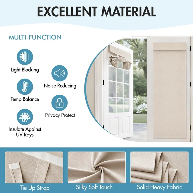 Alt view image 7 of 7 - 100% Blackout Linen French Door Curtains Natural W26xL68 2 Panels | No Drill, Privacy Half Front Back Door Blinds, Classroom, Kitchen Glass Window Covering Thermal Insulated, Set of 2
