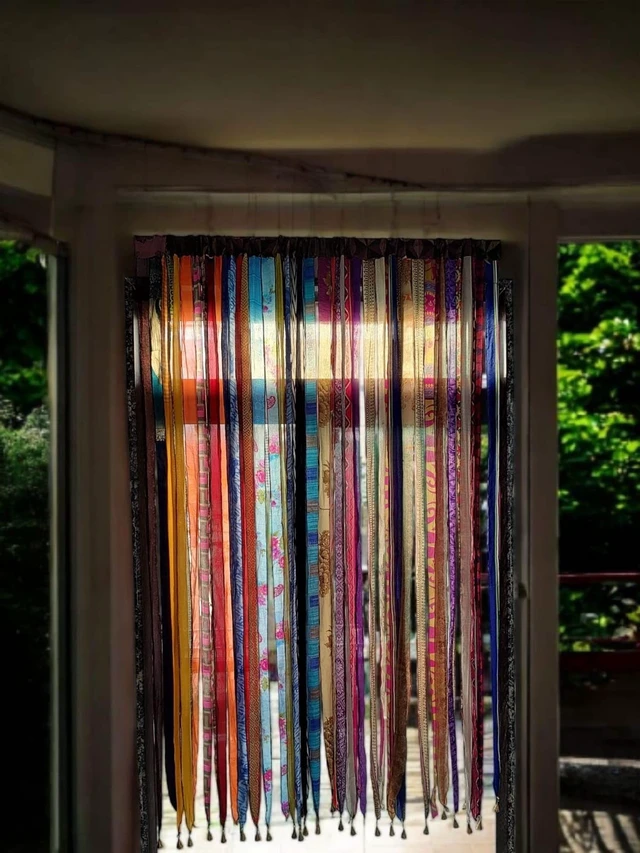 Alt view image 2 of 7 - Vintage Silk Sari Curtain Bohemian Multicolor Room Divider, Light Filtering Window Curtain with Rod Pocket, Handmade Boho Doorway Drape for Living Room & Bedroom, 85 x 45 Inch