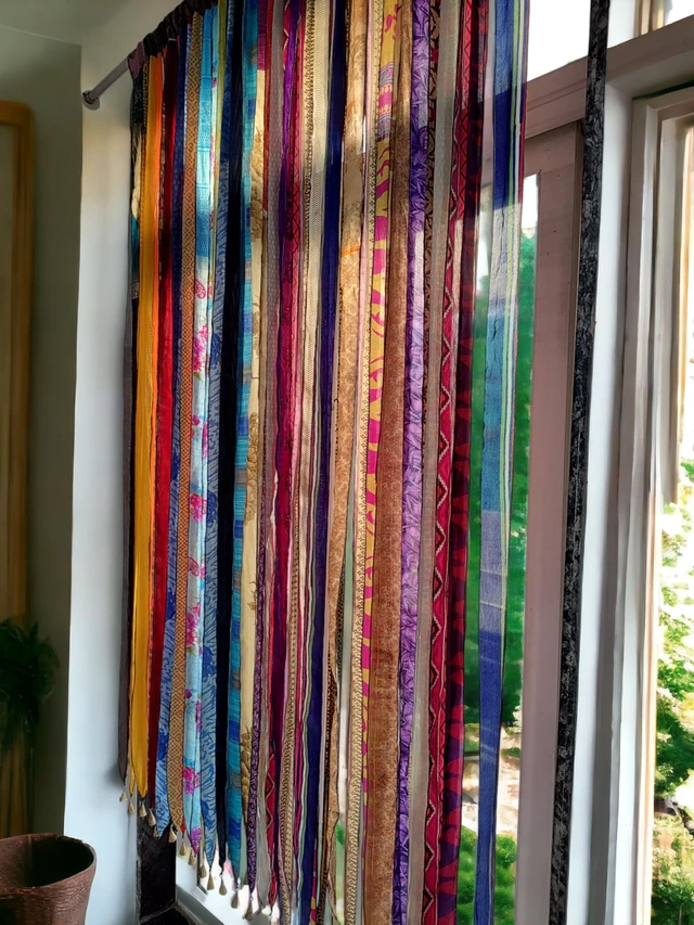 Alt view image 6 of 7 - Vintage Silk Sari Curtain Bohemian Multicolor Room Divider, Light Filtering Window Curtain with Rod Pocket, Handmade Boho Doorway Drape for Living Room & Bedroom, 85 x 45 Inch