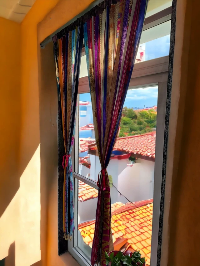 Alt view image 7 of 7 - Vintage Silk Sari Curtain Bohemian Multicolor Room Divider, Light Filtering Window Curtain with Rod Pocket, Handmade Boho Doorway Drape for Living Room & Bedroom, 85 x 45 Inch