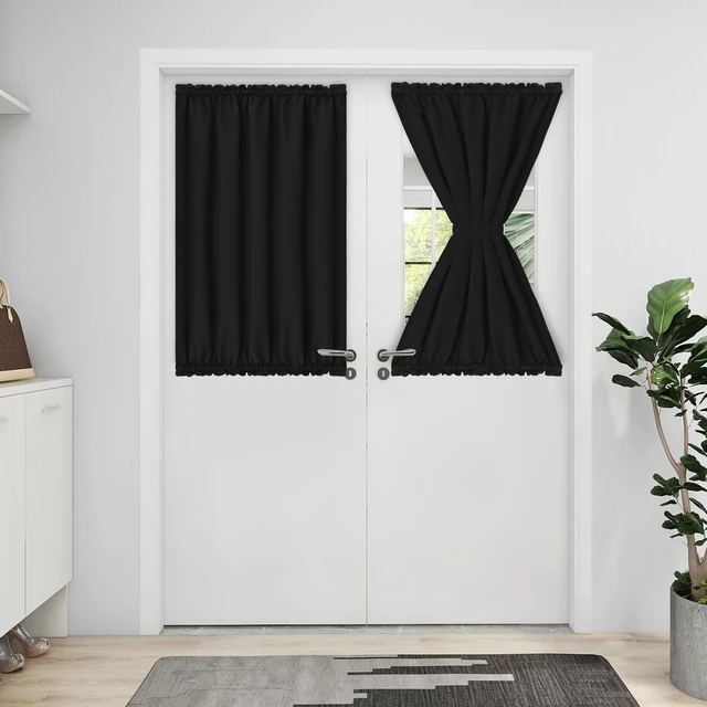 Main image of Blackout Door Curtains 1 Panel, 25x40 inch, Black | Rod Pocket Privacy Light Filtering Sidelight Curtains French Door Curtains with Tieback