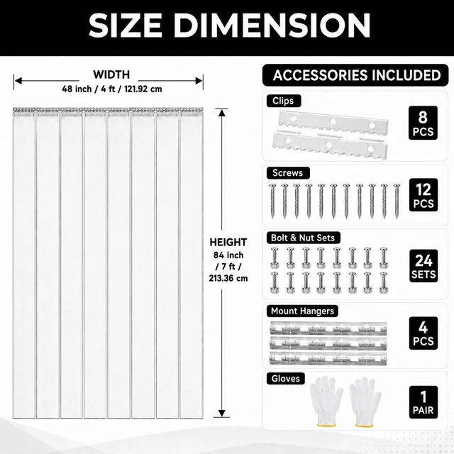 Alt view image 2 of 7 - PVC Strip Curtain Kit for 4x7 ft Doorways, Pre-Cut Clear Strips (48Wx84H) with Mounting Rail & Hardware, 50% Overlap Vinyl Door Strips for Walk-in Cooler, Warehouse, Garage