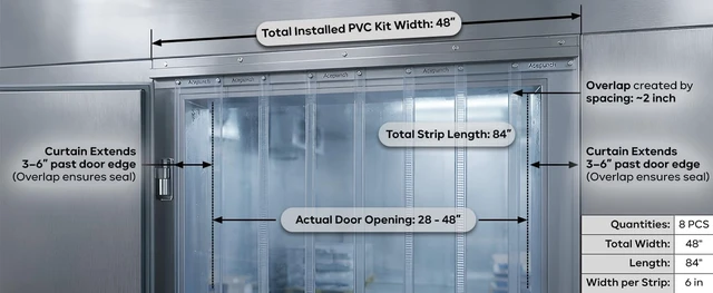 Alt view image 3 of 7 - PVC Strip Curtain Kit for 4x7 ft Doorways, Pre-Cut Clear Strips (48Wx84H) with Mounting Rail & Hardware, 50% Overlap Vinyl Door Strips for Walk-in Cooler, Warehouse, Garage