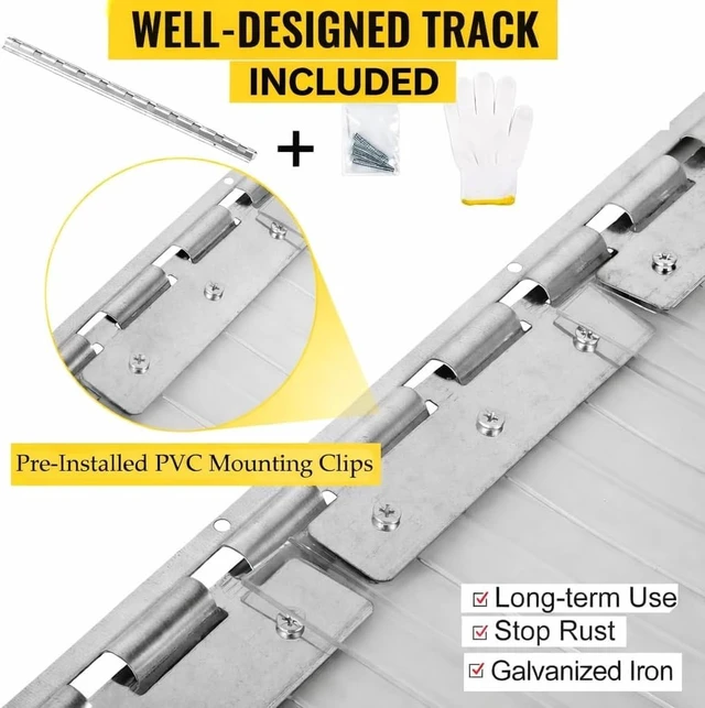 Alt view image 4 of 7 - PVC Strip Curtain Kit for 4x7 ft Doorways, Pre-Cut Clear Strips (48Wx84H) with Mounting Rail & Hardware, 50% Overlap Vinyl Door Strips for Walk-in Cooler, Warehouse, Garage