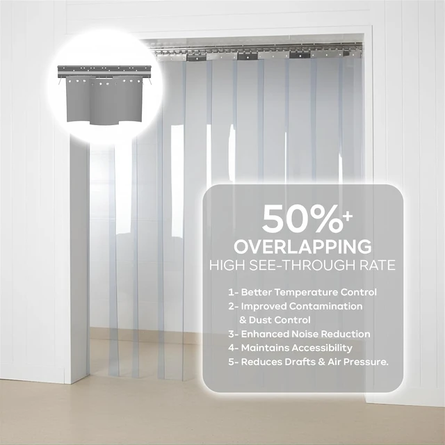 Alt view image 6 of 7 - PVC Strip Curtain Kit for 4x7 ft Doorways, Pre-Cut Clear Strips (48Wx84H) with Mounting Rail & Hardware, 50% Overlap Vinyl Door Strips for Walk-in Cooler, Warehouse, Garage