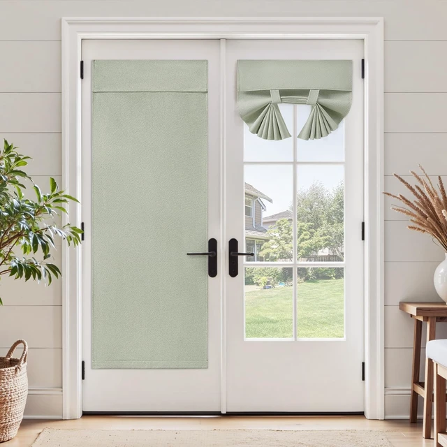 Alt view image 2 of 7 - 100% Blackout Linen Door Curtains for French Door 26x20 Inch | Sage Green, 100% Light Blocking, Thermal Insulated, No Drilling, UV Protection, Door Window Curtains, Including 1 Tieback