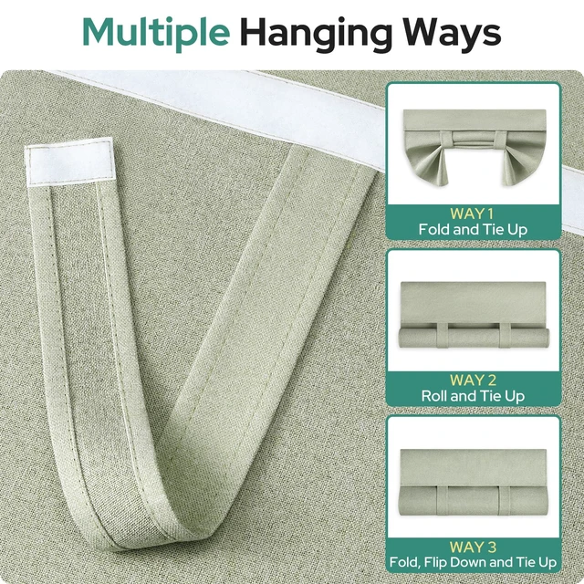 Alt view image 7 of 7 - 100% Blackout Linen Door Curtains for French Door 26x20 Inch | Sage Green, 100% Light Blocking, Thermal Insulated, No Drilling, UV Protection, Door Window Curtains, Including 1 Tieback