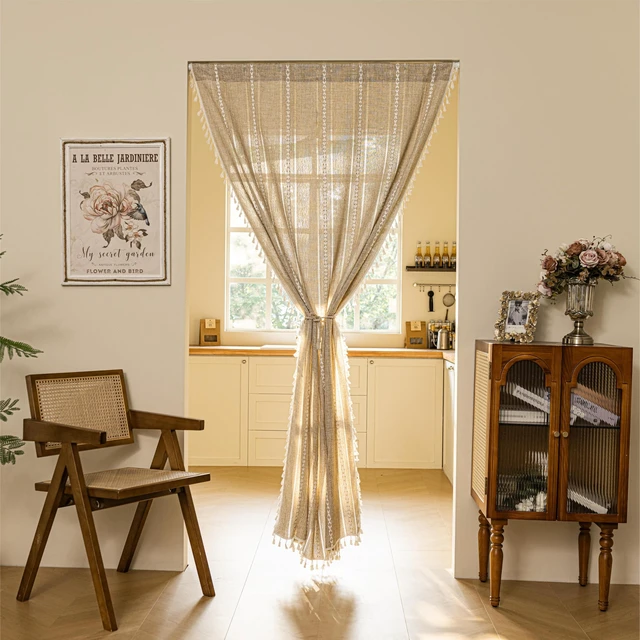 Alt view image 3 of 7 - Boho Door Curtains for Doorway, Bohemian Semi Blackout Curtains Privacy Embroidery Drape Decor for Temporary Room Dividers Bedroom Living Room, Rod Pocket 1 Panel 37" W x 80" L, Natural