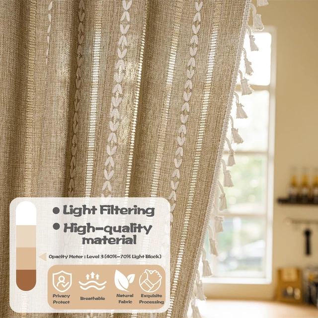 Alt view image 5 of 7 - Boho Door Curtains for Doorway, Bohemian Semi Blackout Curtains Privacy Embroidery Drape Decor for Temporary Room Dividers Bedroom Living Room, Rod Pocket 1 Panel 37" W x 80" L, Natural