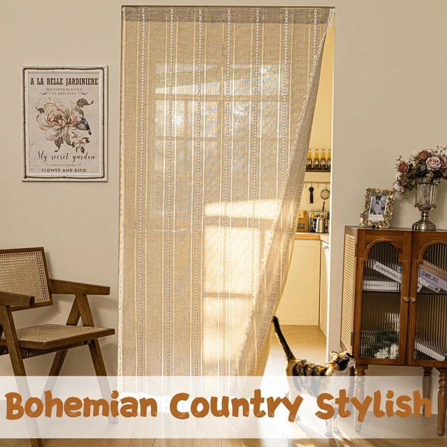 Alt view image 7 of 7 - Boho Door Curtains for Doorway, Bohemian Semi Blackout Curtains Privacy Embroidery Drape Decor for Temporary Room Dividers Bedroom Living Room, Rod Pocket 1 Panel 37" W x 80" L, Natural