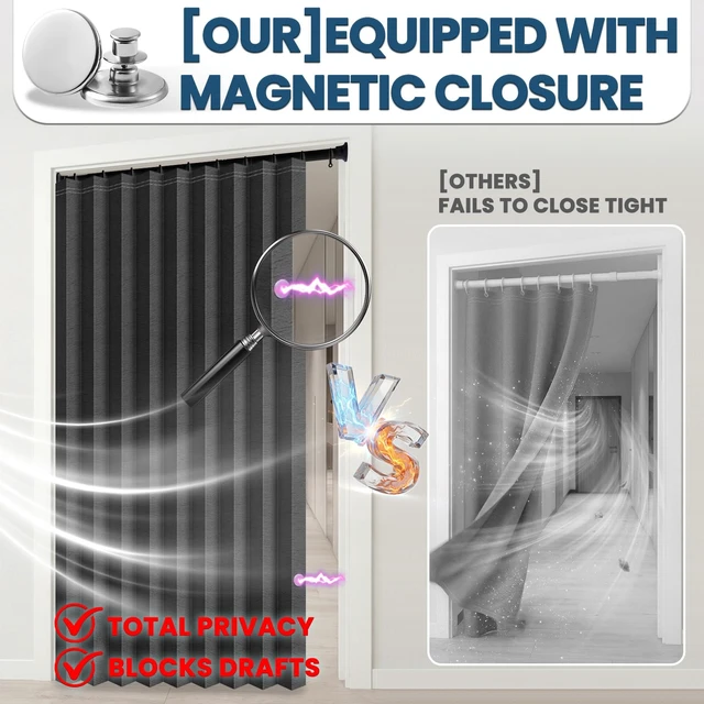 Alt view image 4 of 7 - Blackout Sliding Door Curtains for Doorways with Curtain Rods 28-39 in Length, Accordion Doors Magnetic Door Curtain for Bedroom Living Room Doorway Curtain Sets (1 Panel, 42 W x 78 L,Black)
