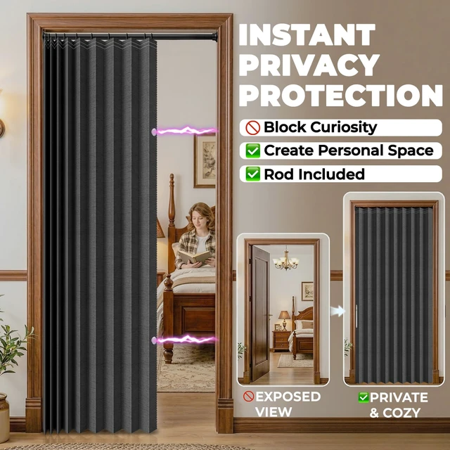Alt view image 3 of 7 - Blackout Sliding Door Curtains for Doorways with Curtain Rods 28-39 in Length, Accordion Doors Magnetic Door Curtain for Bedroom Living Room Doorway Curtain Sets (1 Panel, 42 W x 78 L,Black)