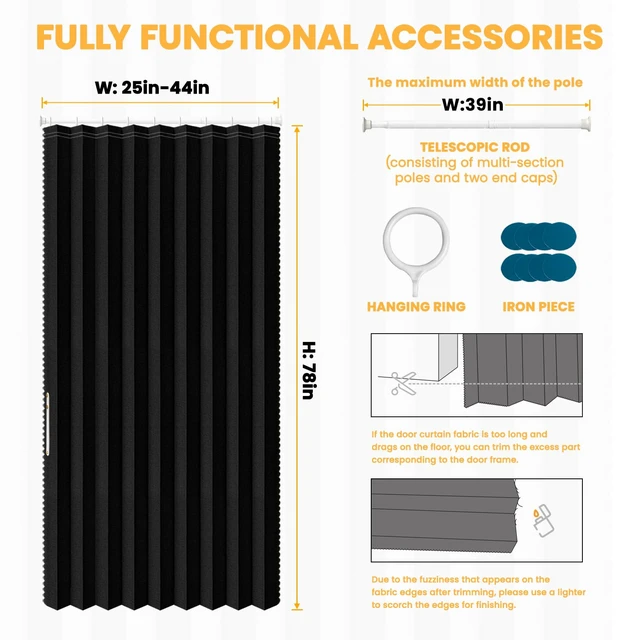 Alt view image 5 of 7 - Blackout Sliding Door Curtains for Doorways with Curtain Rods 28-39 in Length, Accordion Doors Magnetic Door Curtain for Bedroom Living Room Doorway Curtain Sets (1 Panel, 42 W x 78 L,Black)