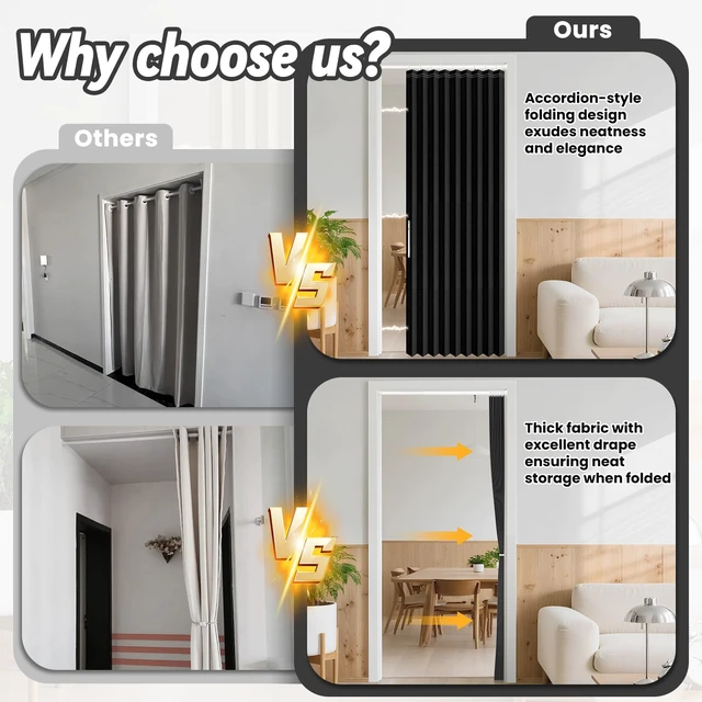 Alt view image 6 of 7 - Blackout Sliding Door Curtains for Doorways with Curtain Rods 28-39 in Length, Accordion Doors Magnetic Door Curtain for Bedroom Living Room Doorway Curtain Sets (1 Panel, 42 W x 78 L,Black)