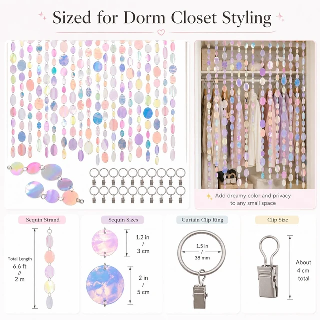 Alt view image 2 of 7 - 20 Pack 6.6ft Sequin Beaded Curtain for Dorm Closet, Iridescent | Wardrobe Doorway Beads, 20 Silver Curtain Clips, Hanging Iridescent Shimmer Strands for College Bedroom Door Decor Wedding