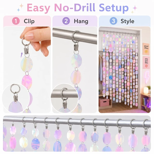 Alt view image 3 of 7 - 20 Pack 6.6ft Sequin Beaded Curtain for Dorm Closet, Iridescent | Wardrobe Doorway Beads, 20 Silver Curtain Clips, Hanging Iridescent Shimmer Strands for College Bedroom Door Decor Wedding