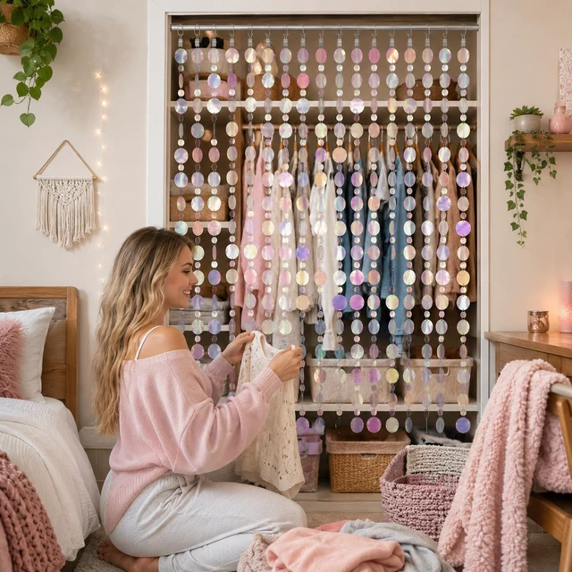 Alt view image 6 of 7 - 20 Pack 6.6ft Sequin Beaded Curtain for Dorm Closet, Iridescent | Wardrobe Doorway Beads, 20 Silver Curtain Clips, Hanging Iridescent Shimmer Strands for College Bedroom Door Decor Wedding