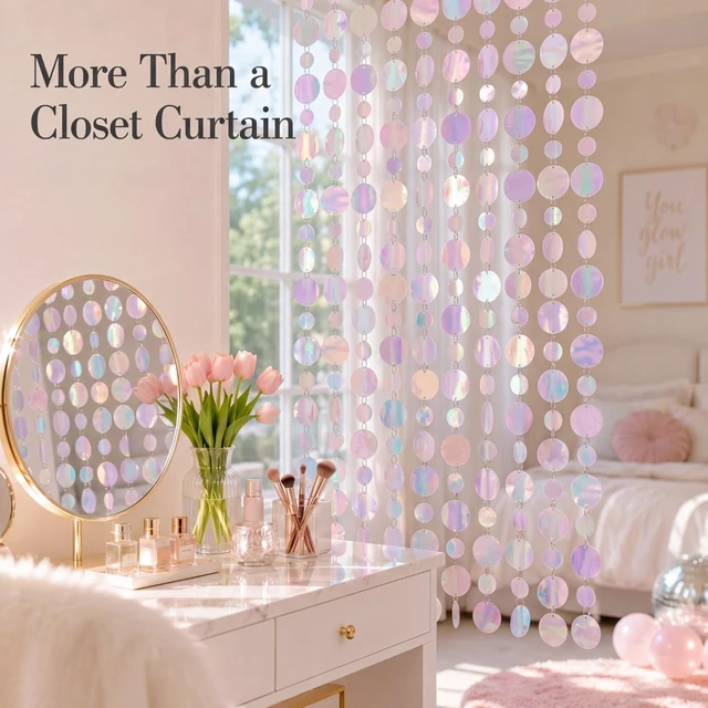 Alt view image 7 of 7 - 20 Pack 6.6ft Sequin Beaded Curtain for Dorm Closet, Iridescent | Wardrobe Doorway Beads, 20 Silver Curtain Clips, Hanging Iridescent Shimmer Strands for College Bedroom Door Decor Wedding
