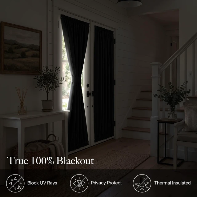 Alt view image 2 of 7 - 100% Blackout French Door Curtain for Door Window, Dual Rod Pocket | No Coating, Privacy Assured, Thermal Insulated, Room Darkening, Drape for Front/Back Door, Black, W 26 x L 72, 1 Panel