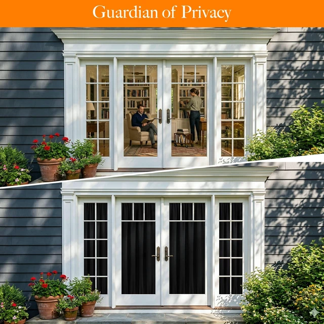 Alt view image 3 of 7 - 100% Blackout French Door Curtain for Door Window, Dual Rod Pocket | No Coating, Privacy Assured, Thermal Insulated, Room Darkening, Drape for Front/Back Door, Black, W 26 x L 72, 1 Panel