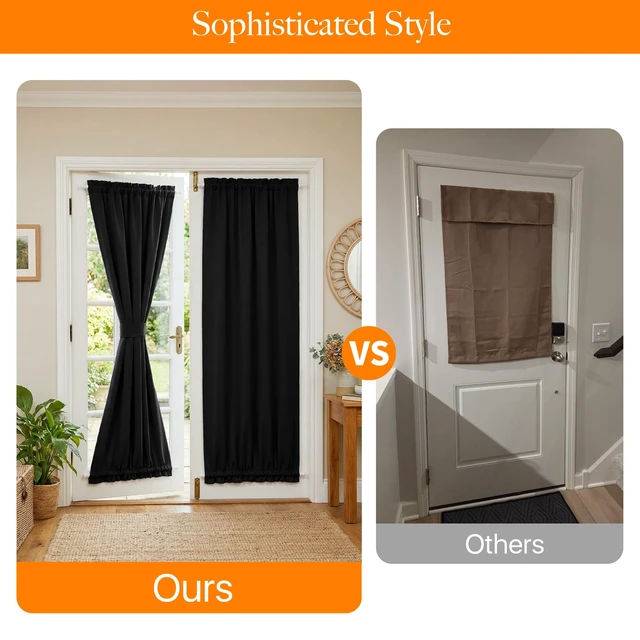 Alt view image 4 of 7 - 100% Blackout French Door Curtain for Door Window, Dual Rod Pocket | No Coating, Privacy Assured, Thermal Insulated, Room Darkening, Drape for Front/Back Door, Black, W 26 x L 72, 1 Panel
