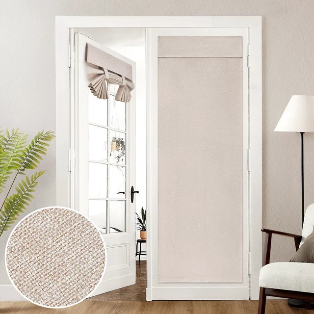 Main image of 100% Blackout Linen Door Curtains for French Door 26x72 Inch | Natural, 100% Light Blocking, Thermal Insulated, No Drilling, UV Protection, Door Window Curtains, Including 1 Tieback