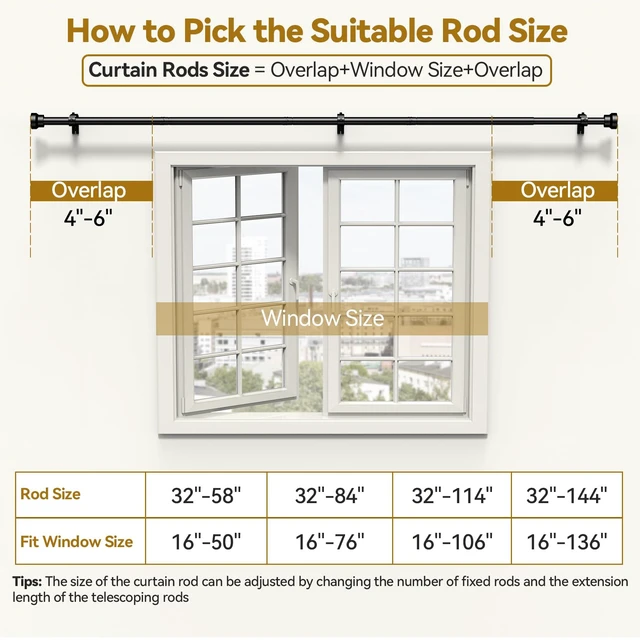 Alt view image 6 of 7 - Curtain Rods 32-144 Inch, Heavy Duty 1 Inch Adjustable Curtain Rod for Windows, Black Extra Long Window Treatment Rods, Modern Design, Easy Installation
