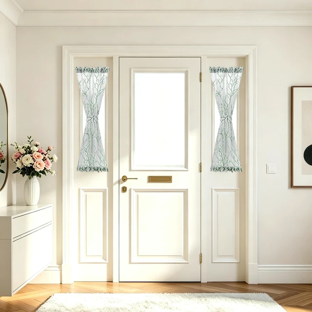 Main image of French Door Curtains Set of 2 Panels Floral Botanical Print Sidelight for Front Door Faux Linen Printed Semi-Sheer with Top and Bttom Rod Pocket(Branch Green,25W x 40L)