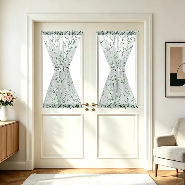 Alt view image 3 of 5 - French Door Curtains Set of 2 Panels Floral Botanical Print Sidelight for Front Door Faux Linen Printed Semi-Sheer with Top and Bttom Rod Pocket(Branch Green,25W x 40L)