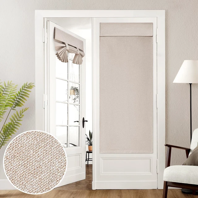 Main image of 100% Blackout Linen Door Curtains for French Door 26x68 Inch | Natural, 100% Light Blocking, Thermal Insulated, No Drilling, UV Protection, Door Window Curtains, Including 1 Tieback
