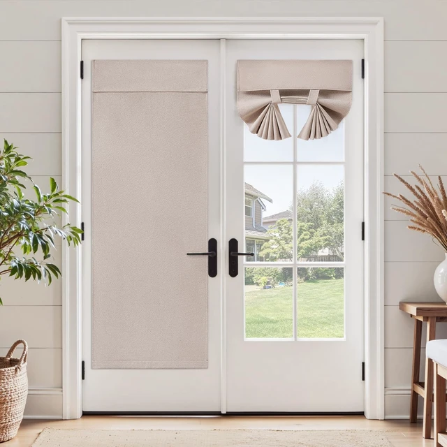 Alt view image 2 of 7 - 100% Blackout Linen Door Curtains for French Door 26x20 Inch | Natural, 100% Light Blocking, Thermal Insulated, No Drilling, UV Protection, Door Window Curtains, Including 1 Tieback