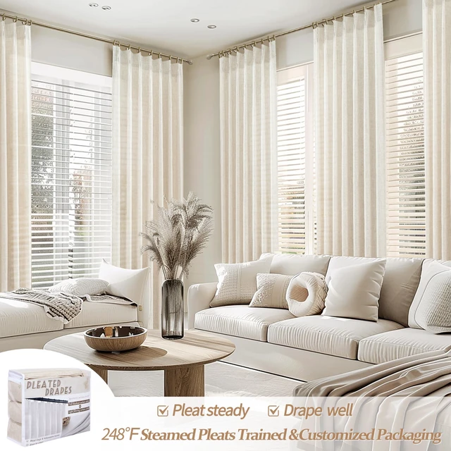 Alt view image 7 of 7 - Linen Curtains 96 Inches Long for Living Room Bedroom, Light Filtering Boho Window Drape 96 inch 2 Panels Burgs with Hooks&Rings 8ft Cream Birch Sliding Glass Door Sheer Curtain Decor