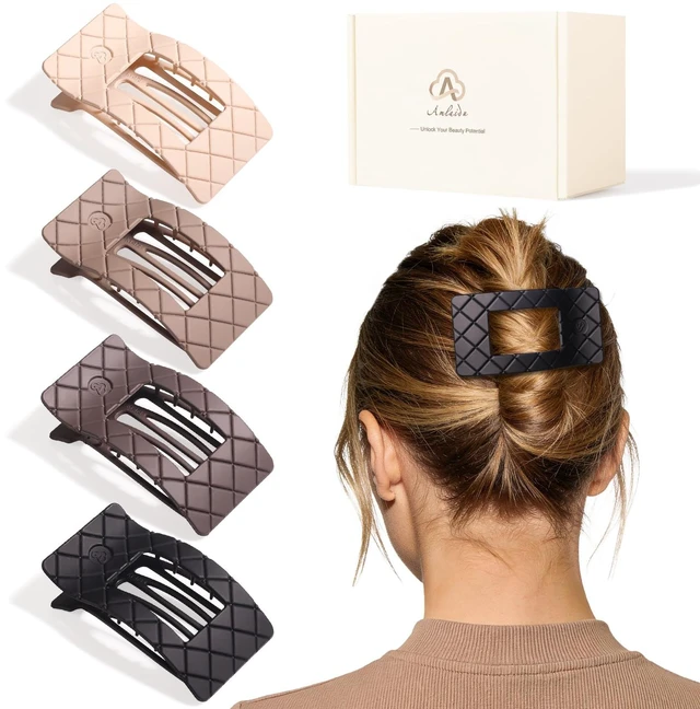Main image of Flat Hair Claw Clips for Women Thin Thick Hair | Stylish Strong Hold Non Slip Square Hair Clips, Cozy French Lay Down Hairclips, Beige, Light Brown, Dark Brown, Black, 4 Pcs