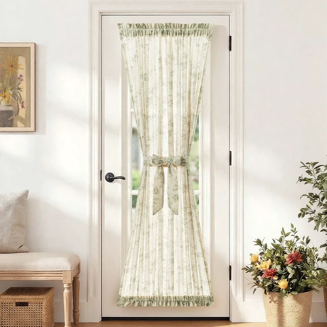 Main image of Green Linen Floral French Door Curtain 72 Inch Rod Pocket 1 Panel | Light filtering, a tieback included, cottage farmhouse, privacy full length door panels for patio door, sliding glass door