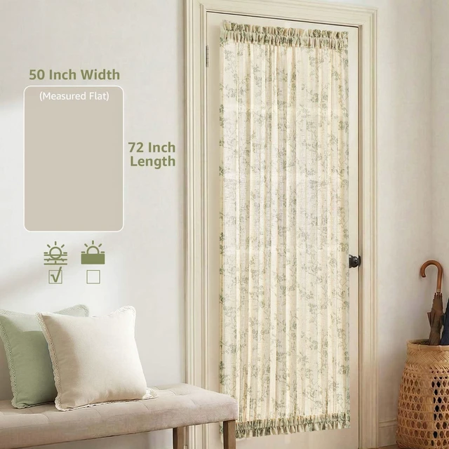 Alt view image 2 of 7 - Green Linen Floral French Door Curtain 72 Inch Rod Pocket 1 Panel | Light filtering, a tieback included, cottage farmhouse, privacy full length door panels for patio door, sliding glass door