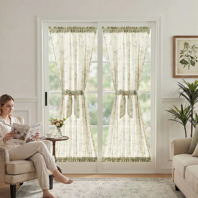 Alt view image 3 of 7 - Green Linen Floral French Door Curtain 72 Inch Rod Pocket 1 Panel | Light filtering, a tieback included, cottage farmhouse, privacy full length door panels for patio door, sliding glass door