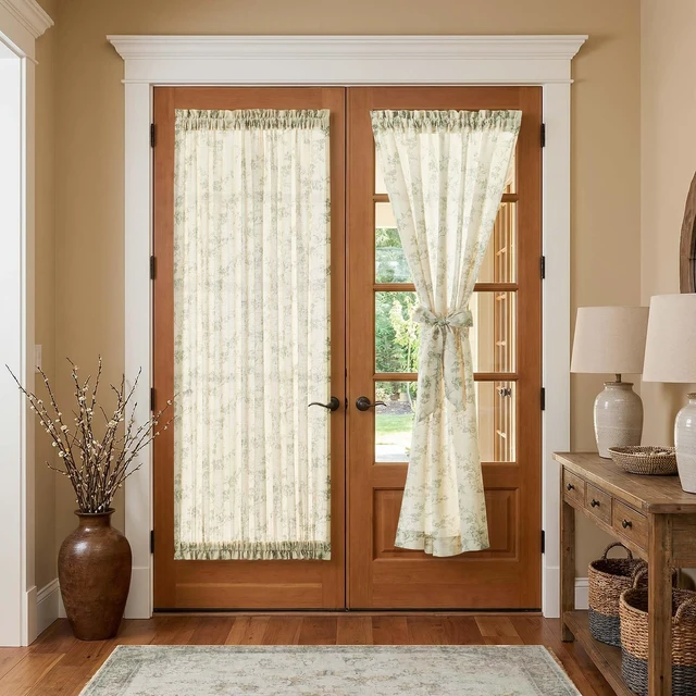 Alt view image 4 of 7 - Green Linen Floral French Door Curtain 72 Inch Rod Pocket 1 Panel | Light filtering, a tieback included, cottage farmhouse, privacy full length door panels for patio door, sliding glass door