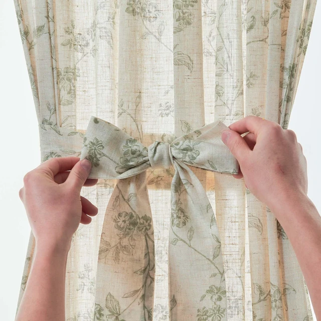 Alt view image 7 of 7 - Green Linen Floral French Door Curtain 72 Inch Rod Pocket 1 Panel | Light filtering, a tieback included, cottage farmhouse, privacy full length door panels for patio door, sliding glass door