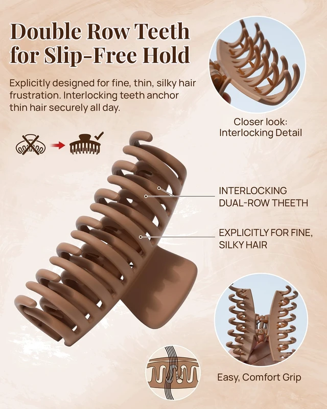 Alt view image 2 of 7 - 4 Pack 3.5" Double Row Teeth Claw Clips for Thin Fine Hair Non-Slip | Strong Hold Medium Hair clips, Comfort, and Easy Everyday Styling, Matte Finish (Neutral Matte)
